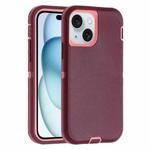 For iPhone 15 Robot Three-proof Life Waterproof Phone Case with Holder(Wine Red + Pink)