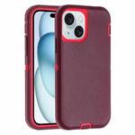For iPhone 15 Robot Three-proof Life Waterproof Phone Case with Holder(Wine Red + Rose Red)