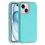 For iPhone 15 Robot Three-proof Life Waterproof Phone Case with Holder(Glacier Blue + Pink)