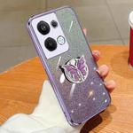 For OPPO Reno9 Pro+ Plated Gradient Glitter Butterfly Holder TPU Phone Case(Purple)