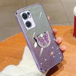 For OPPO Reno7 5G Plated Gradient Glitter Butterfly Holder TPU Phone Case(Purple)