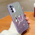 For OPPO Reno6 5G Plated Gradient Glitter Butterfly Holder TPU Phone Case(Purple)