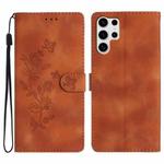 For Samsung Galaxy S25 Ultra 5G Flower Butterfly Embossing Pattern Leather Phone Case(Brown)
