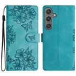 For Samsung Galaxy S25 5G Cherry Blossom Butterfly Skin Feel Embossed PU Phone Case(Green)