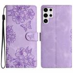 For Samsung Galaxy S25 Ultra 5G Cherry Blossom Butterfly Skin Feel Embossed PU Phone Case(Purple)