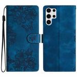 For Samsung Galaxy S25 Ultra 5G Cherry Blossom Butterfly Skin Feel Embossed PU Phone Case(Blue)