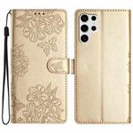 For Samsung Galaxy S25 Ultra 5G Cherry Blossom Butterfly Skin Feel Embossed PU Phone Case(Gold)