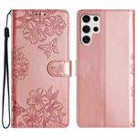 For Samsung Galaxy S25 Ultra 5G Cherry Blossom Butterfly Skin Feel Embossed PU Phone Case(Rose Gold)