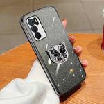 For OPPO A16 Plated Gradient Glitter Butterfly Holder TPU Phone Case(Black)