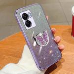 For OPPO A57 5G Plated Gradient Glitter Butterfly Holder TPU Phone Case(Purple)