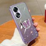 For OPPO A58 4G Plated Gradient Glitter Butterfly Holder TPU Phone Case(Purple)