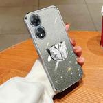 For OPPO A58 5G Plated Gradient Glitter Butterfly Holder TPU Phone Case(Silver)