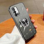 For OPPO A74 Plated Gradient Glitter Butterfly Holder TPU Phone Case(Black)