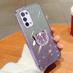 For OPPO A74 5G Plated Gradient Glitter Butterfly Holder TPU Phone Case(Purple)