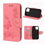 For iPhone 12 / 12 Pro Vintage Embossed Floral Butterfly Pattern Horizontal Flip Leather Case with Card Slot & Holder & Wallet & Lanyard(Pink)