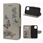 For iPhone 12 / 12 Pro Vintage Embossed Floral Butterfly Pattern Horizontal Flip Leather Case with Card Slot & Holder & Wallet & Lanyard(Grey)