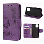 For iPhone 12 / 12 Pro Vintage Embossed Floral Butterfly Pattern Horizontal Flip Leather Case with Card Slot & Holder & Wallet & Lanyard(Purple)
