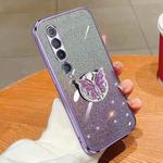 For Xiaomi Mi 10 Plated Gradient Glitter Butterfly Holder TPU Phone Case(Purple)