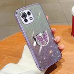 For Xiaomi Mi 11 Lite Plated Gradient Glitter Butterfly Holder TPU Phone Case(Purple)