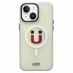 For iPhone 15 Frosted Metal Lens Protection Frame MagSafe Phone Case(Magnet Emoji)