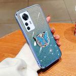 For Redmi K50 Ultra Plated Gradient Glitter Butterfly Holder TPU Phone Case(Sierra Blue)