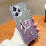 For Redmi 12 Plated Gradient Glitter Butterfly Holder TPU Phone Case(Purple)