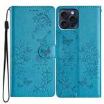 For iPhone 16 Pro Max Butterflies and Flowers Leather Phone Case(Blue)