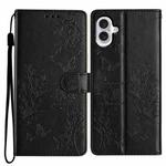 For iPhone 16 Plus Butterfly Love Flower Embossed Leather Phone Case(Black)