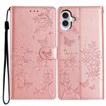 For iPhone 16 Plus Butterfly Love Flower Embossed Leather Phone Case(Rose Gold)