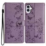 For iPhone 16 Plus Butterfly Love Flower Embossed Leather Phone Case(Purple)