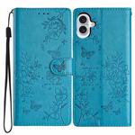 For iPhone 16 Plus Butterfly Love Flower Embossed Leather Phone Case(Blue)