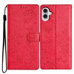 For iPhone 16 Butterfly Love Flower Embossed Leather Phone Case(Red)