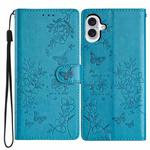 For iPhone 16 Butterflies and Flowers Leather Phone Case(Blue)
