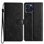 For iPhone 15 Pro Max Butterflies and Flowers Leather Phone Case(Black)