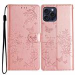 For iPhone 15 Pro Max Butterfly Love Flower Embossed Leather Phone Case(Rose Gold)