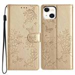 For iPhone 15 Plus Butterfly Love Flower Embossed Leather Phone Case(Gold)
