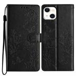 For iPhone 15 Plus Butterfly Love Flower Embossed Leather Phone Case(Black)