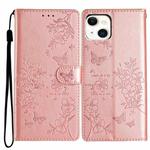 For iPhone 15 Plus Butterfly Love Flower Embossed Leather Phone Case(Rose Gold)