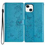 For iPhone 15 Plus Butterflies and Flowers Leather Phone Case(Blue)