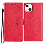 For iPhone 15 Butterfly Love Flower Embossed Leather Phone Case(Red)
