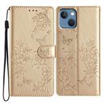 For iPhone 14 Plus Butterfly Love Flower Embossed Leather Phone Case(Gold)