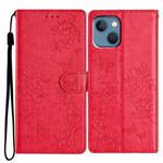 For iPhone 14 Plus Butterfly Love Flower Embossed Leather Phone Case(Red)