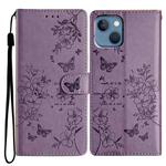 For iPhone 14 Plus Butterfly Love Flower Embossed Leather Phone Case(Purple)