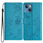 For iPhone 14 Plus Butterfly Love Flower Embossed Leather Phone Case(Blue)