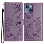 For iPhone 14 Butterfly Love Flower Embossed Leather Phone Case(Purple)