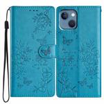 For iPhone 14 Butterflies and Flowers Leather Phone Case(Blue)