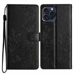 For iPhone 14 Pro Butterfly Love Flower Embossed Leather Phone Case(Black)