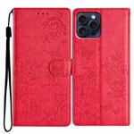 For iPhone 14 Pro Butterflies and Flowers Leather Phone Case(Red)