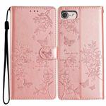 For iPhone SE 2022 / SE 2020 Butterflies and Flowers Leather Phone Case(Rose Gold)