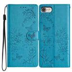 For iPhone SE 2022 / SE 2020 Butterflies and Flowers Leather Phone Case(Blue)